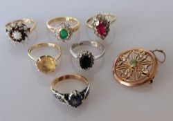 A selection of six gem-set rings, all set in 9ct gold, various sizes, all hallmarked, 26.5g (6)
