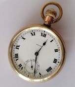 A Rolex gold-plated stem-wind pocket watch, the open face with white dial, 40mm, Roman numerals,