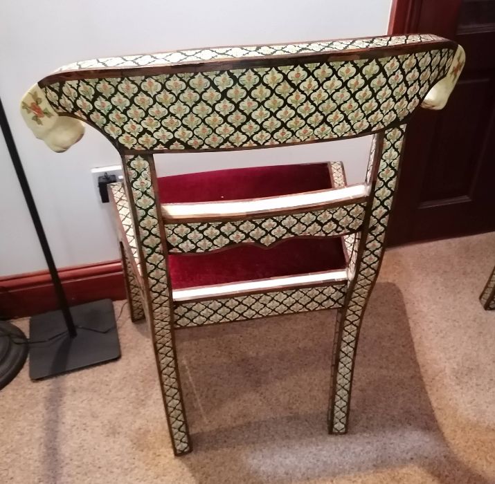 A set of six Indian bone inlay chairs with carved tiger head and floral decoration to supports, fabr - Image 7 of 11