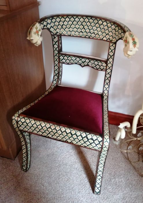 A set of six Indian bone inlay chairs with carved tiger head and floral decoration to supports, fabr