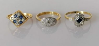 Three Art Deco diamond rings, two with sapphire decoration in yellow gold settings, sizes J, I, O