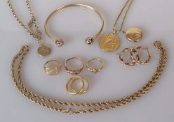 An assortment of gold jewellery to include two wedding bands, one 22ct, 2mm, 3g, the other 18ct, 3mm