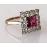 An Art Deco ruby and diamond ring in a yellow gold and platinum setting