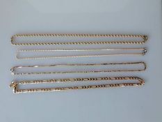 Four yellow gold neck chains, 40-42 cm, all hallmarked 9ct