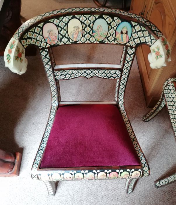 A set of six Indian bone inlay chairs with carved tiger head and floral decoration to supports, fabr - Image 3 of 11