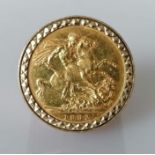 A Victorian gold sovereign, 1892, Melbourne mint, on a hallmarked 9ct gold ring mount, size T, 18.2g