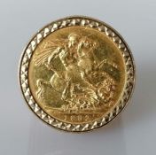 A Victorian gold sovereign, 1892, Melbourne mint, on a hallmarked 9ct gold ring mount, size T, 18.2g
