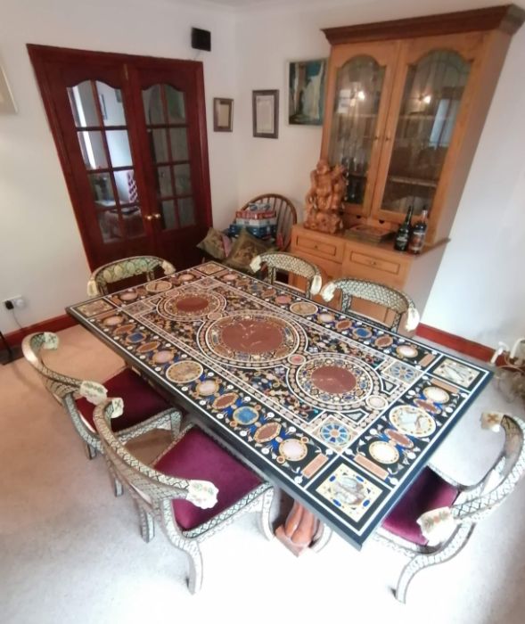 A set of six Indian bone inlay chairs with carved tiger head and floral decoration to supports, fabr - Image 2 of 11