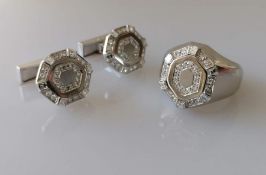 A white gold signet ring with diamond decoration, size P, and matching cufflinks, stamped 750, 31g