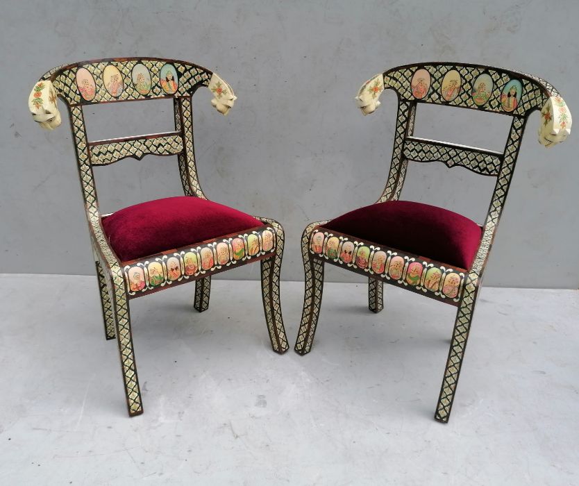 A set of six Indian bone inlay chairs with carved tiger head and floral decoration to supports, fabr - Image 5 of 7
