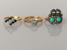 A diamond and sapphire cluster ring; a diamond solitaire and a platform ring with turquoise