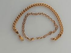 A tri-gold bracelet, 18.5 cm, broken, unmarked but tests for 9ct and a yellow gold link bracelet