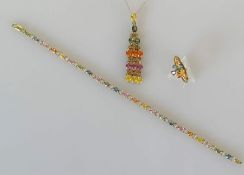 A multi-gem line or tennis bracelet on a gold setting, 18 cm with matching ring, size O and pendant 