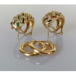 A pair of gold earring with multi-gem decoration and a pair of plain hoop earrings, both hallmarked