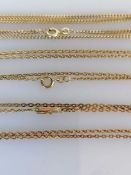 A rose gold neck chain, 40 cm, stamped 585 with box clasp, 3.4g and two yellow gold neck chains