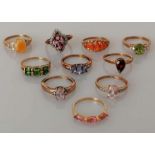 A selection of ten gold gem-set rings, all hallmarked 9ct, mostly sizes N, O, 23g