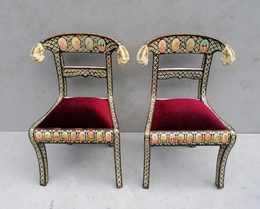 A set of six Indian bone inlay chairs with carved tiger head and floral decoration to supports, fabr - Image 4 of 7