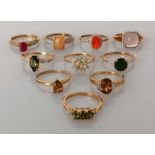 A selection of ten gem-set rings on 9ct gold settings, sizes N, O, all hallmarked, 23g