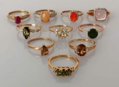 A selection of ten gem-set rings on 9ct gold settings, sizes N, O, all hallmarked, 23g