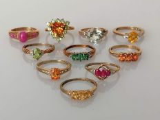 A selection of ten gem-set gold rings, sizes O or P, all hallmarked 9ct, 24.5g