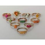 A selection of ten gem-set gold rings, sizes O or P, all hallmarked 9ct, 24.5g