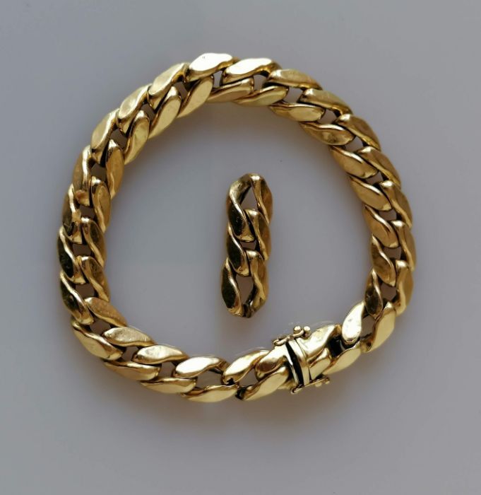 A yellow gold flat curb-link bracelet (three extra links) 19 cm, stamped 585, 21.3g - Image 2 of 3