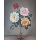 James Noble (1919-1989), ROSES IN FOUR COLOURS, oil on board, 50 x 40 cm, signed bottom left