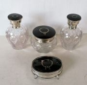 A George V tortoiseshell and silver-topped ladies etched glass dressing table set 