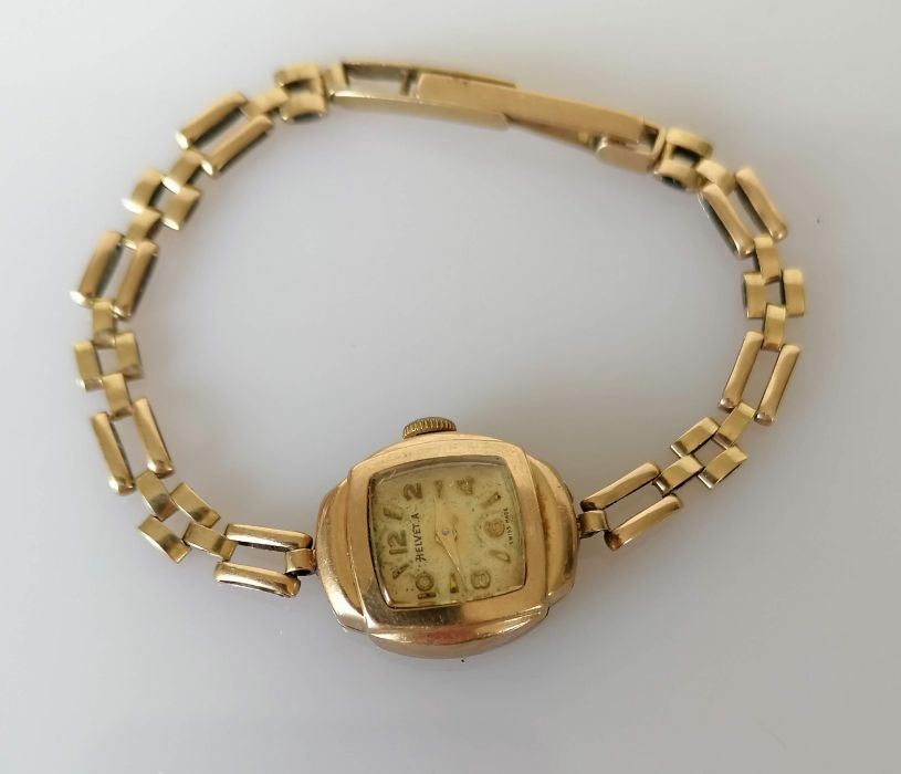 A mid-century ladies Helvetia dress watch with 9ct gold case and strap, hallmarked, 7g - Image 2 of 3