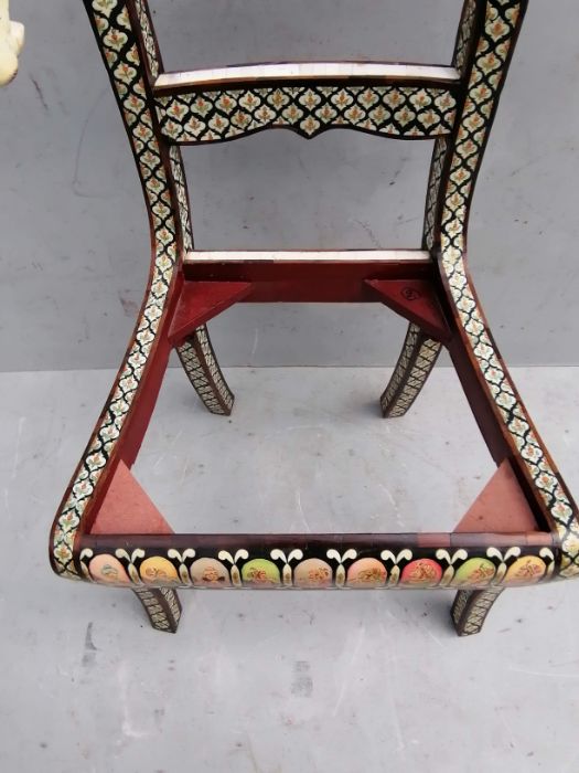 A set of six Indian bone inlay chairs with carved tiger head and floral decoration to supports, fabr - Image 7 of 7
