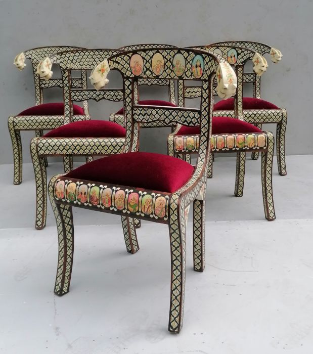 A set of six Indian bone inlay chairs with carved tiger head and floral decoration to supports, fabr - Image 3 of 7