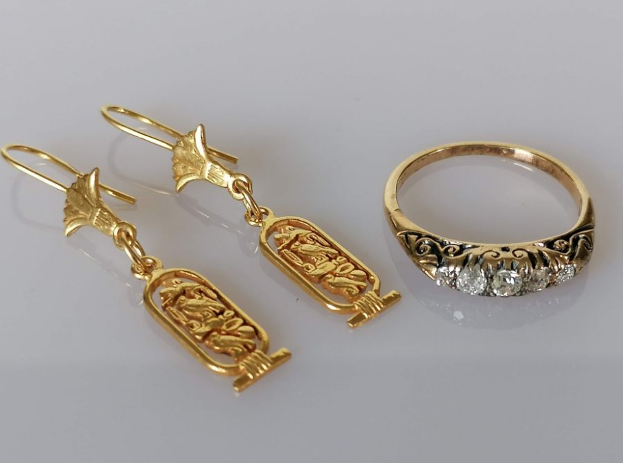 A pair of yellow gold drop earrings, Egyptian hallmarks for 18ct, 3g; a graduated five-stone diamond - Image 3 of 3