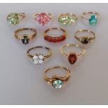 A selection of ten gem-set gold rings, sizes N, O, all hallmarked 9ct, 22g (10)