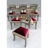 A set of six Indian bone inlay chairs with carved tiger head and floral decoration to supports, fabr