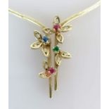 A multi-gem floral pendant with integrated necklace, 40 cm, hallmarked 14ct, 11.2g