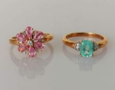 An 18ct yellow gold pink sapphire and diamond flower ring by Iliana