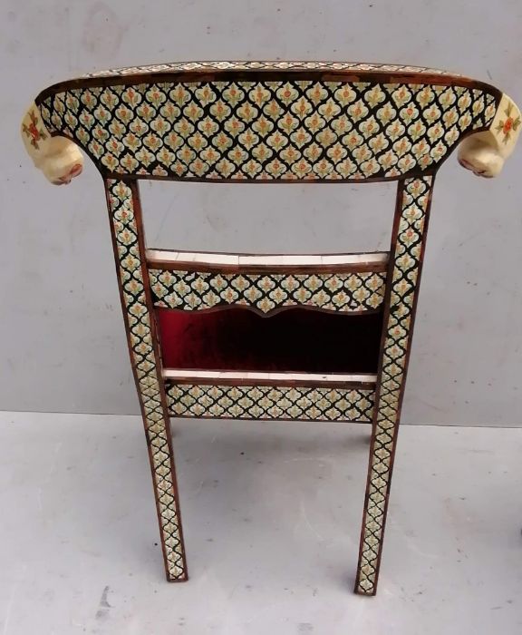 A set of six Indian bone inlay chairs with carved tiger head and floral decoration to supports, fabr - Image 6 of 7
