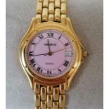 A Geneve Quartz gold watch with Roman numerals on a pink face, date aperture, case 33 cm