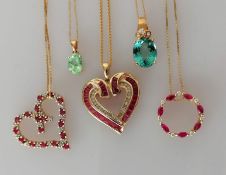 Five gem-set gold pendant chains, all hallmarked 14ct, 16g (5)