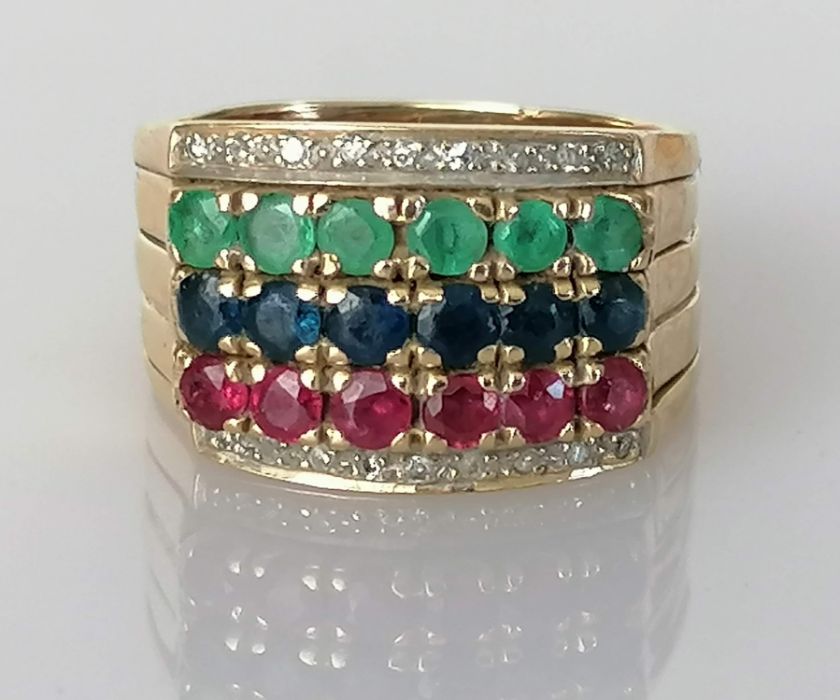 A composition ruby, sapphire and emerald stacking ring with diamond decoration - Image 2 of 4