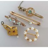 A selection of five early 20th century 9ct gold brooches with opal and seed pearl decoration