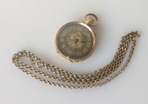 An Edwardian ladies open face fob watch with an embossed 18ct gold case, dial 30mm, Helvetia mark