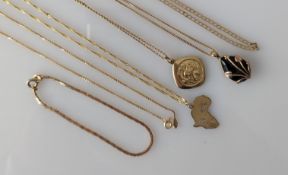 Three gold pendant chains, including one Clogau, one other neck chain, another broken and a bracelet