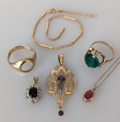 An Edwardian gold-framed pendant with amethyst and seed pearl decoration; a gem-set pendant 