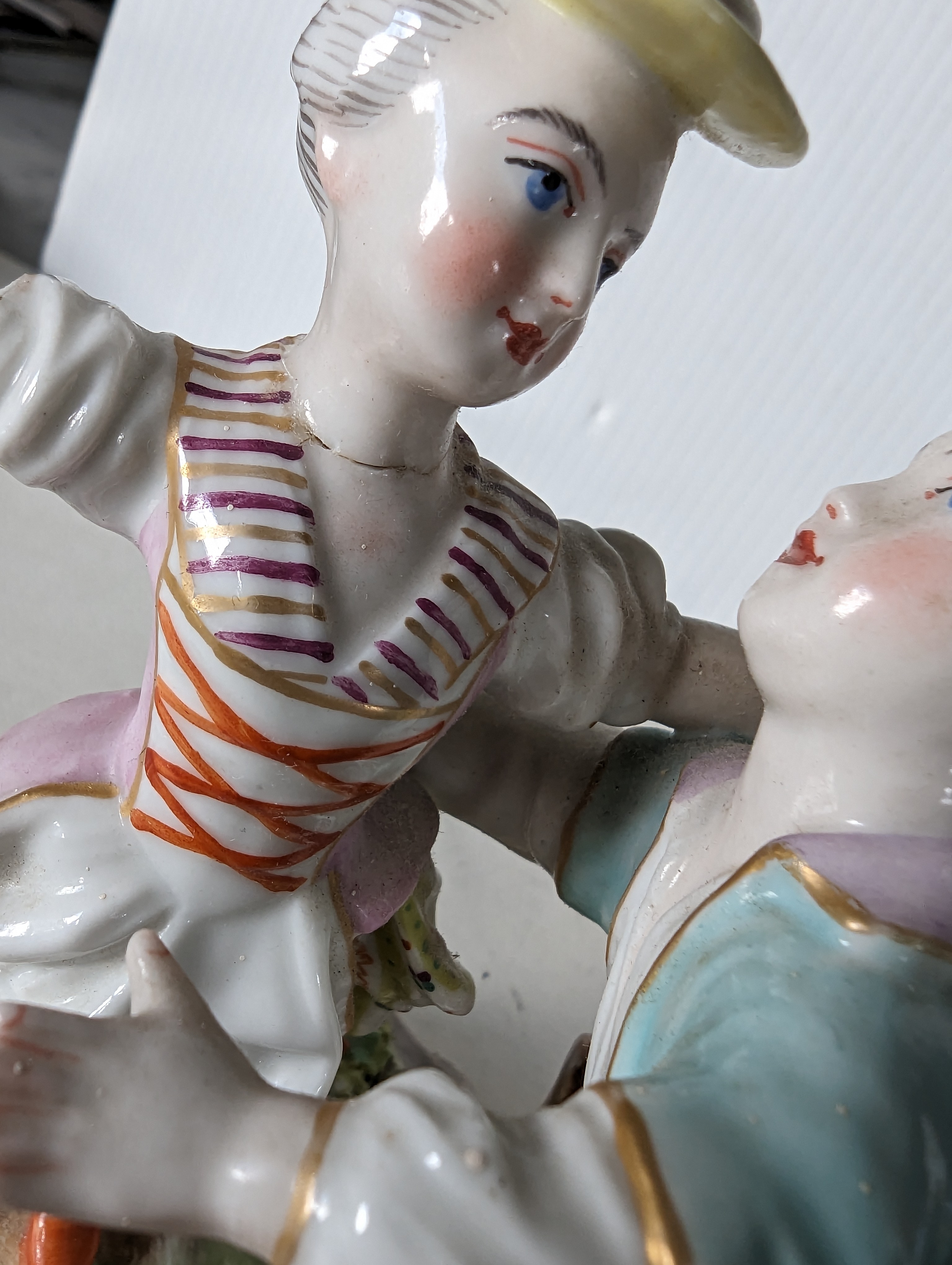 A 19th century Meissen group of two figures dancing on a raised base, 16 cm H, repair to neck - Image 6 of 10