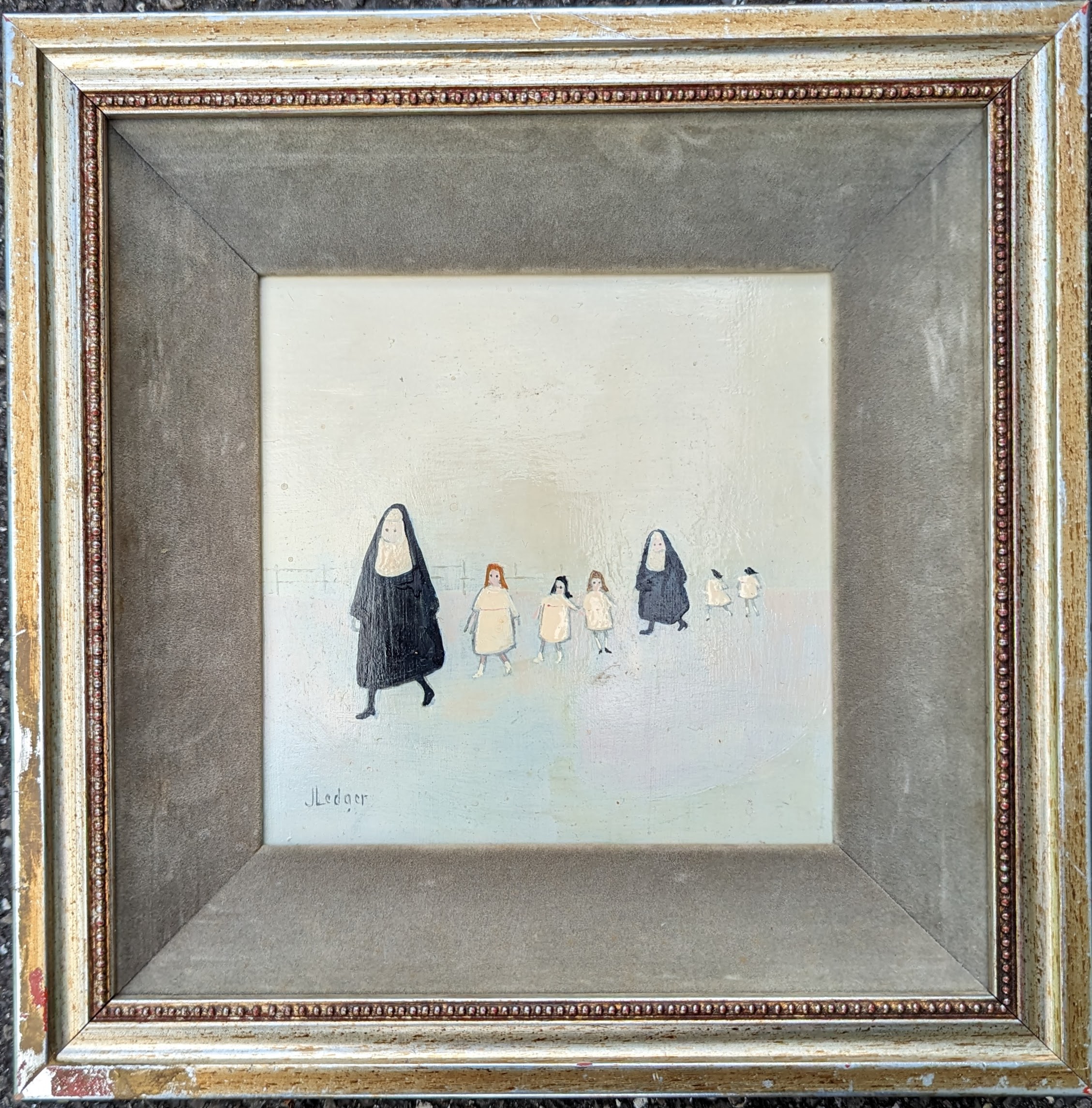 Janet Ledger (b.1934), NUNS AND CHILDREN, oil on board, framed and mounted, signed bottom left - Image 2 of 3