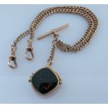 A 9ct rose gold  flat curb link watch chain with T-bar and double lobster clasps and bloodstone fob,