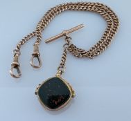A 9ct rose gold  flat curb link watch chain with T-bar and double lobster clasps and bloodstone fob,