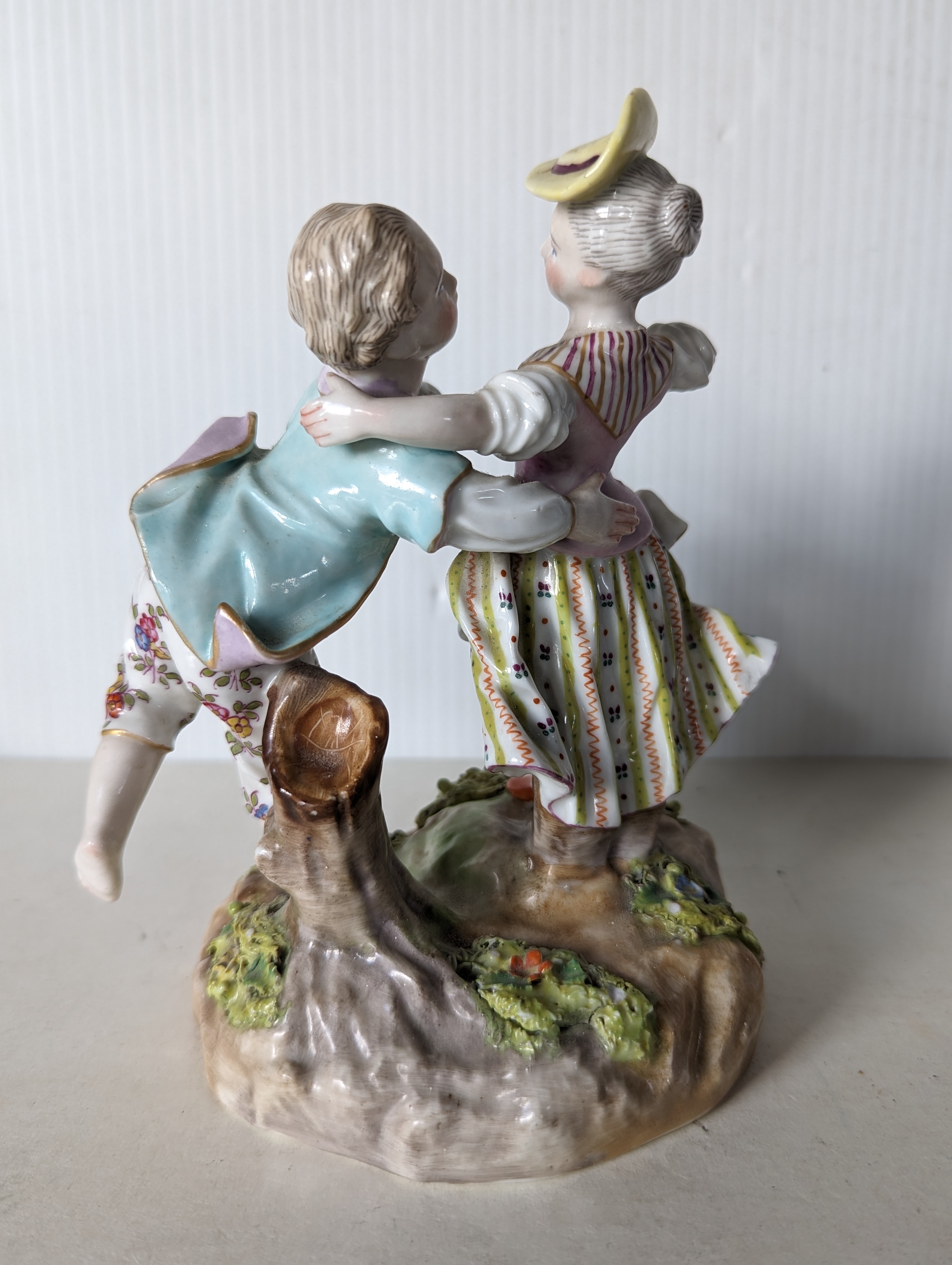 A 19th century Meissen group of two figures dancing on a raised base, 16 cm H, repair to neck - Image 3 of 10
