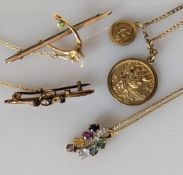 Two Edwardian gem-set gold brooches, two St. Christopher disc pendants on a gold chain